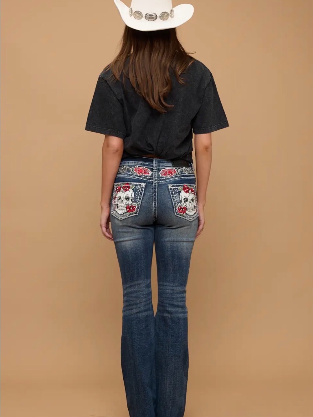 Rose Rebel Skull Rhinestone Bootcut Jeans Western Bling Denim